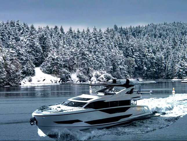 A crisp winter morning in Ganges Harbour, with yachts docked and light snow dusting the surrounding hills.<br />
