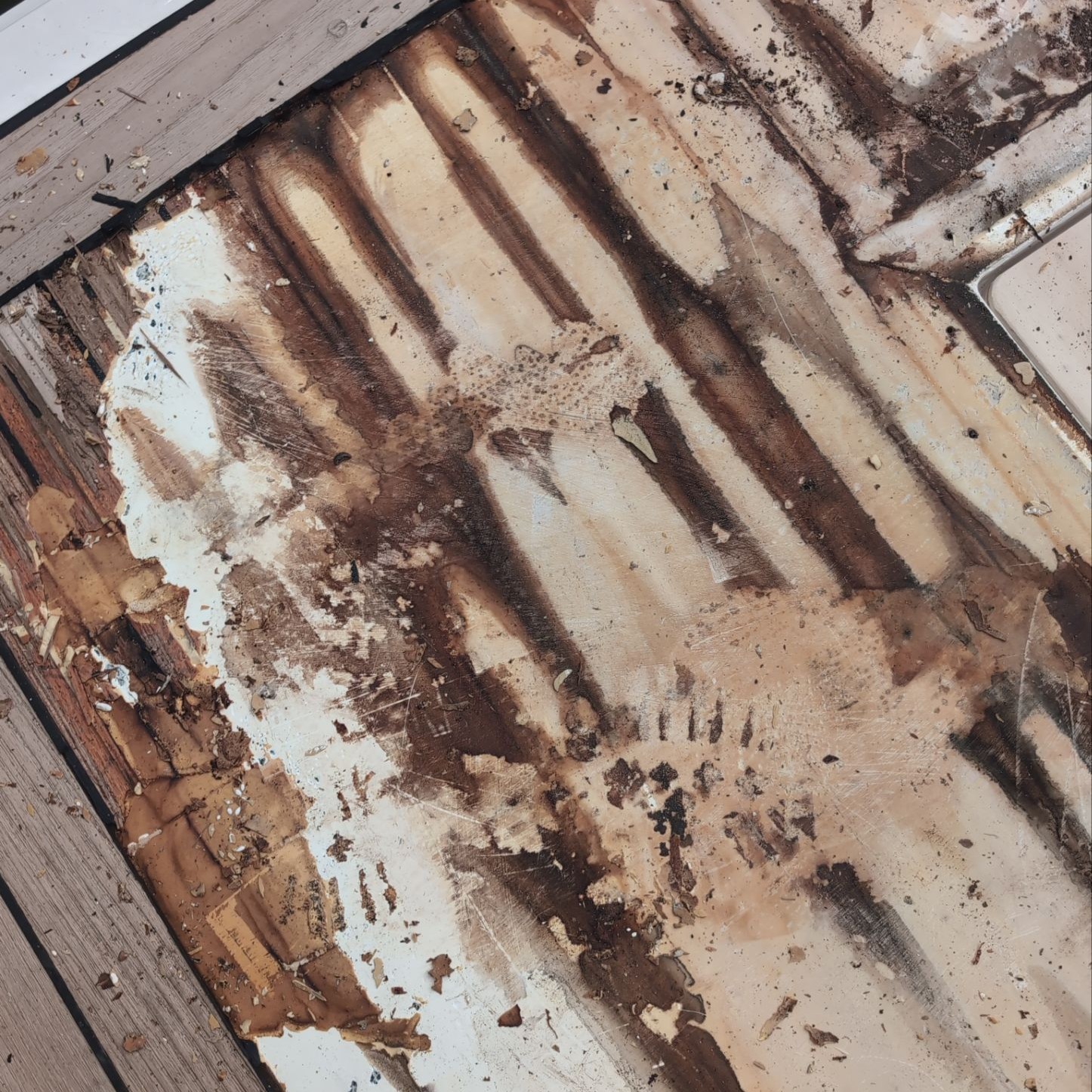 moisture damage discovered underneath teak decking on yacht swim grid during refit