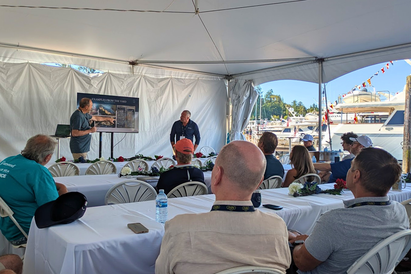 sonship yacht owners gathering together for a mechanical walkthrough learning session with the owners of West Bay Shipyards