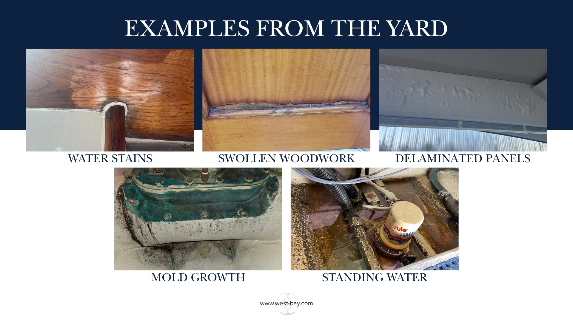 examples of visual signs of various water damage on a yacht from real shipyard repairs