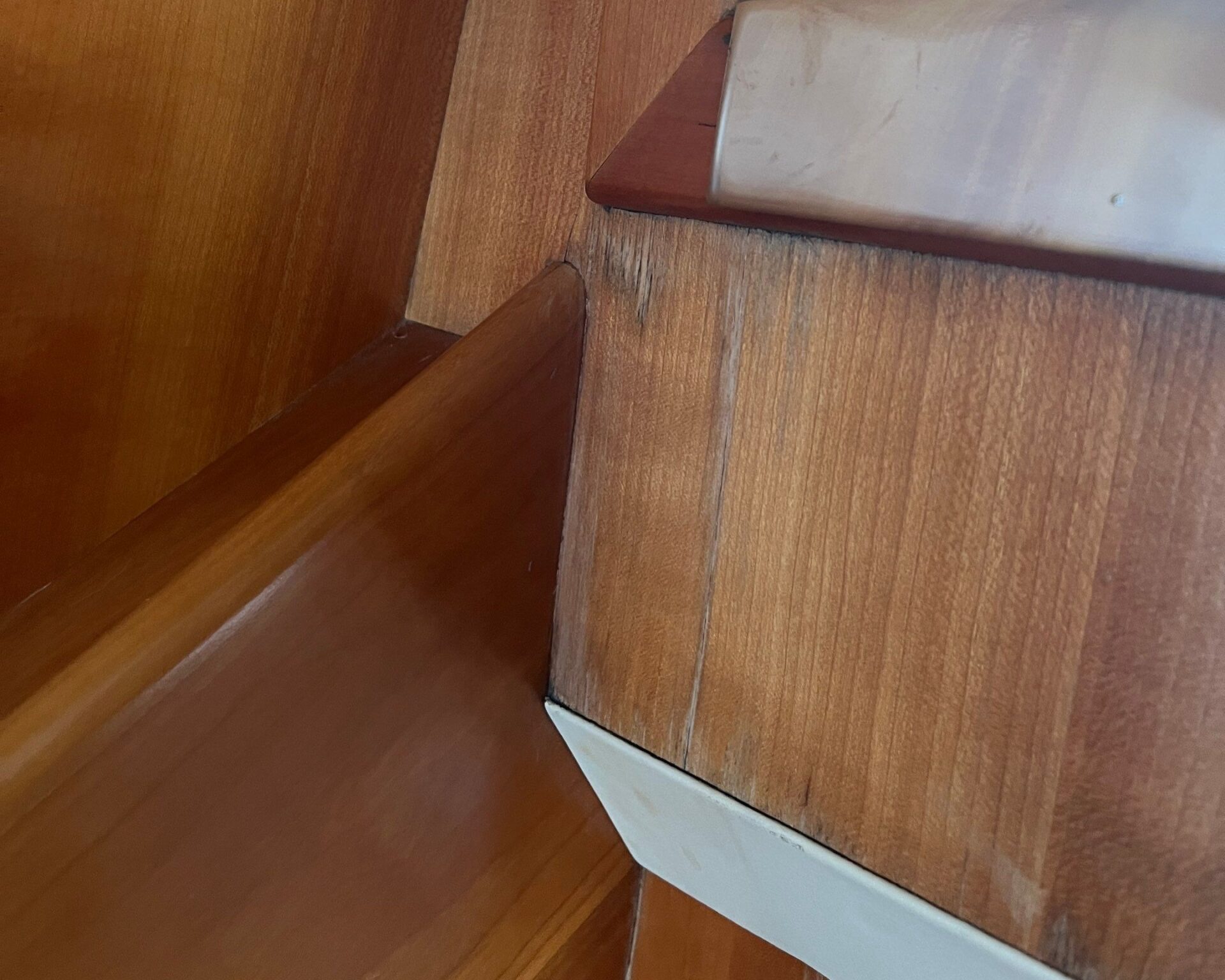 water staining and swelling on wooden yacht finish interior