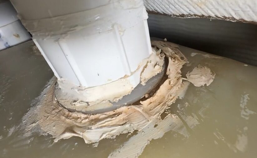 worn and separating sealant on a black water pipe fitting on a yacht